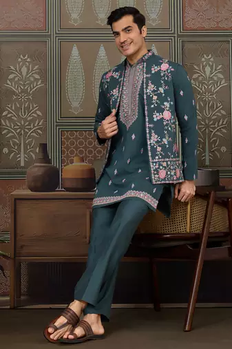 Green viscose silk multi thread with sequence embroidered work kurta jacket & bottom