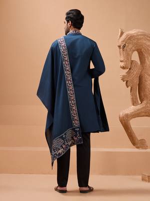 Teal blue viscose silk thread with sequence embroidered work kurta with dupatta 4