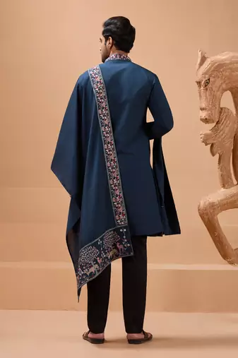 Teal blue viscose silk thread with sequence embroidered work kurta with dupatta