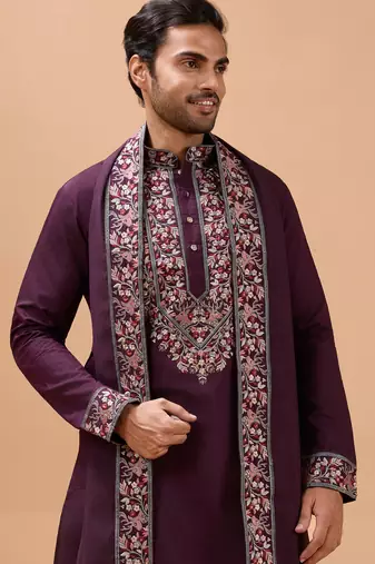 Purple viscose silk thread with sequence embroidered work kurta with dupatta