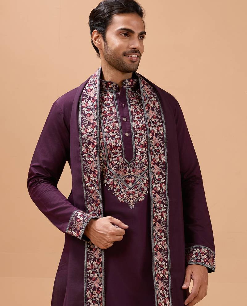 Purple viscose silk thread with sequence embroidered work kurta with dupatta