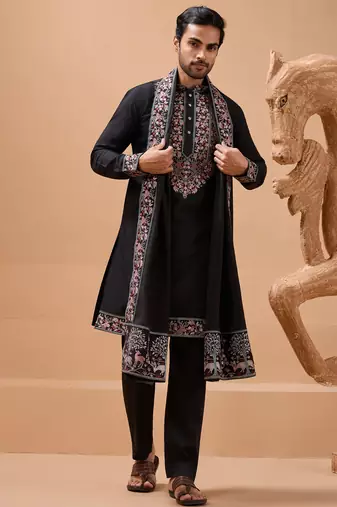 Black viscose silk thread with sequence embroidered work kurta with dupatta