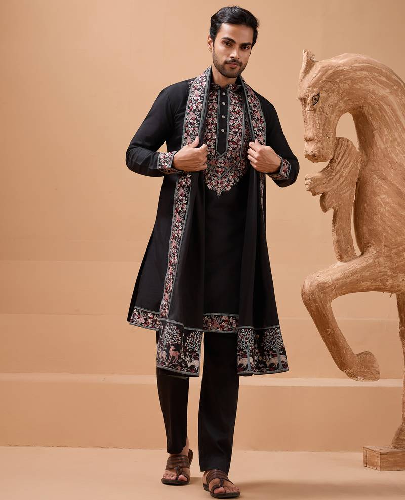 Black viscose silk thread with sequence embroidered work kurta with dupatta
