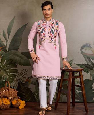 Pink viscose silk thread with sequence embroidered work kurta only 1