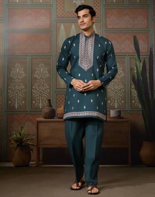 Green viscose silk multi thread with sequence embroidered work kurta jacket & bottom 3
