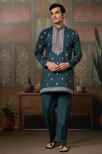 Green viscose silk multi thread with sequence embroidered work kurta jacket & bottom