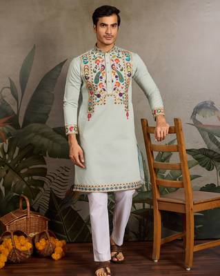 Pista green viscose silk thread with sequence embroidered work kurta only 1