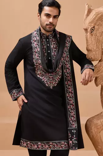 Black viscose silk thread with sequence embroidered work kurta with dupatta