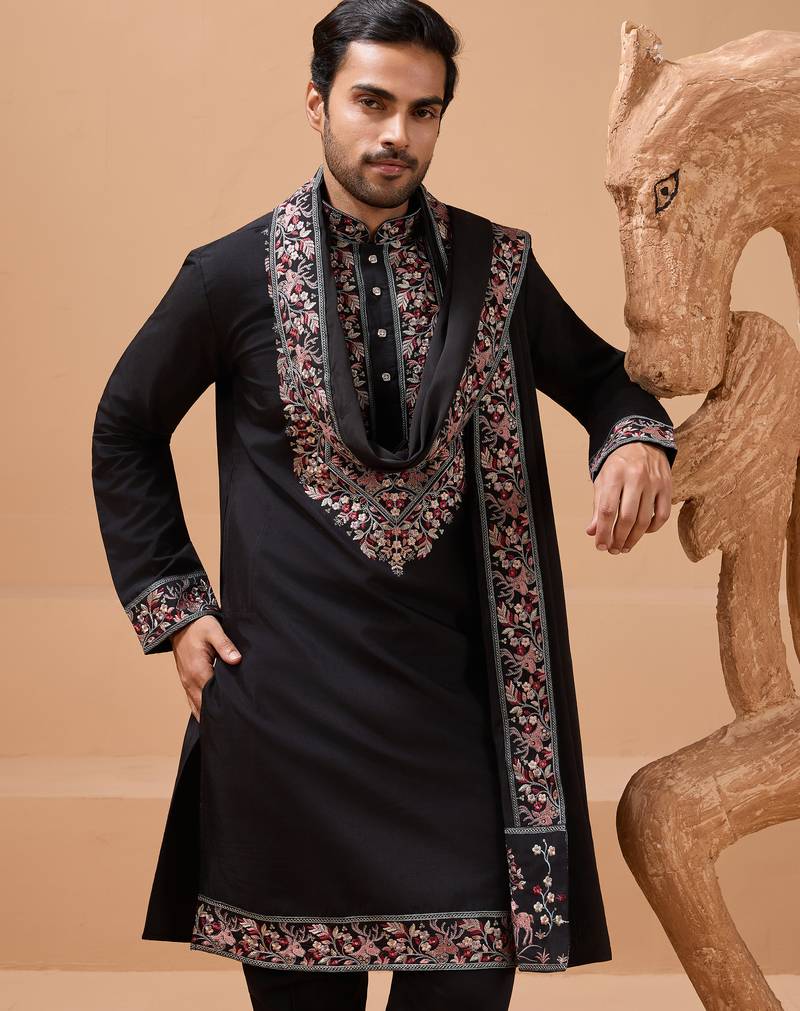 Black viscose silk thread with sequence embroidered work kurta with dupatta