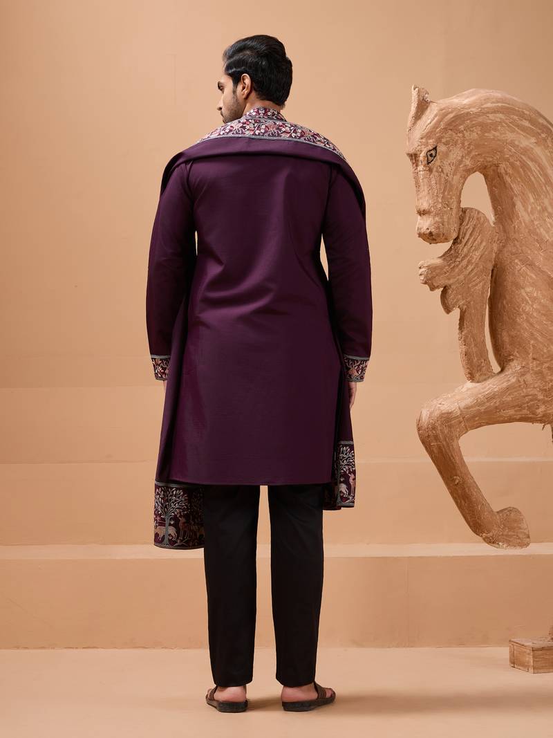Purple viscose silk thread with sequence embroidered work kurta with dupatta