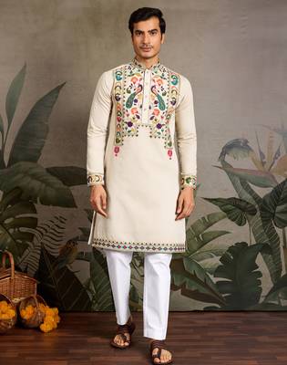 Beige viscose silk thread with sequence embroidered work kurta only 1