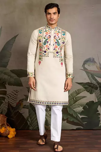 Beige viscose silk thread with sequence embroidered work kurta only