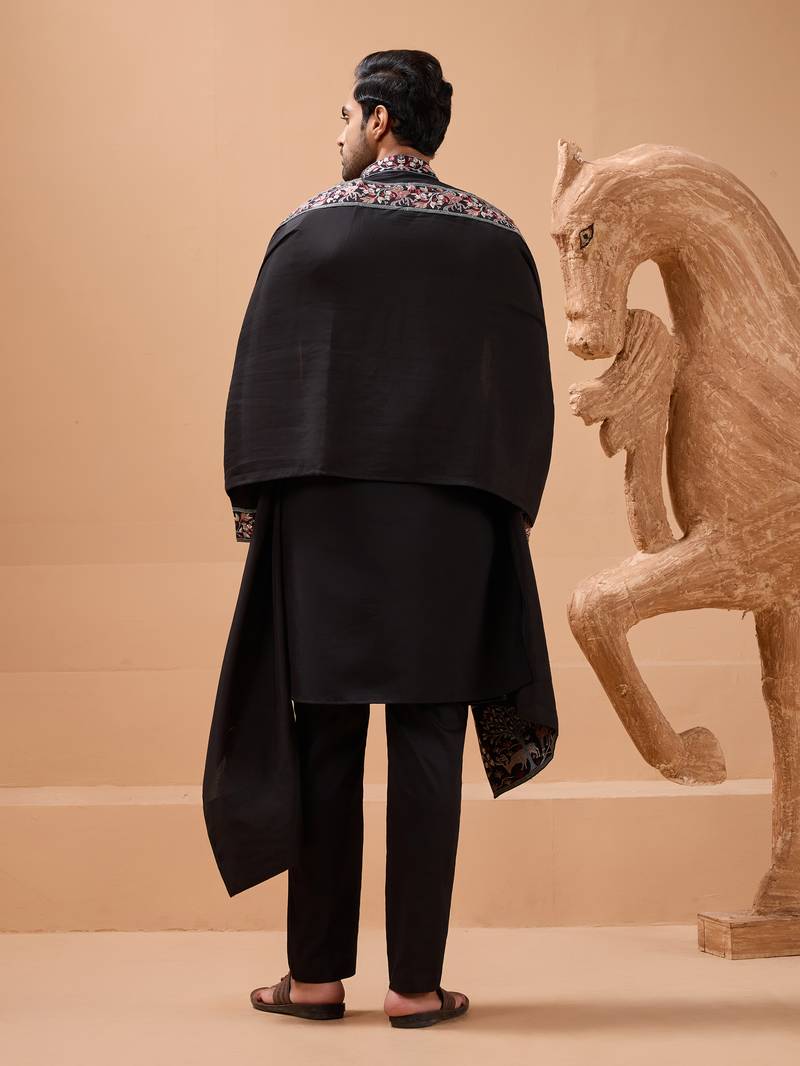 Black viscose silk thread with sequence embroidered work kurta with dupatta