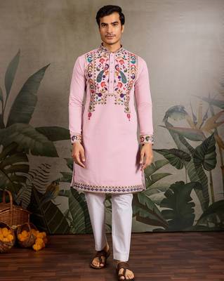Pink viscose silk thread with sequence embroidered work kurta only 2