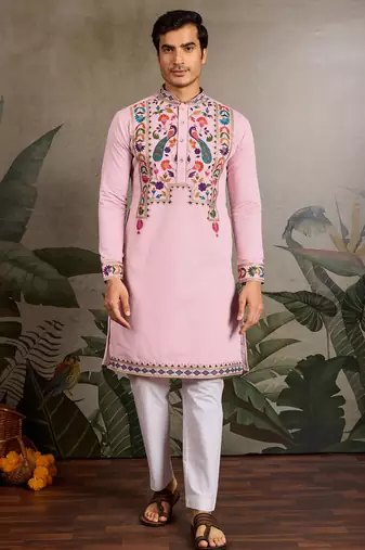 Pink viscose silk thread with sequence embroidered work kurta only
