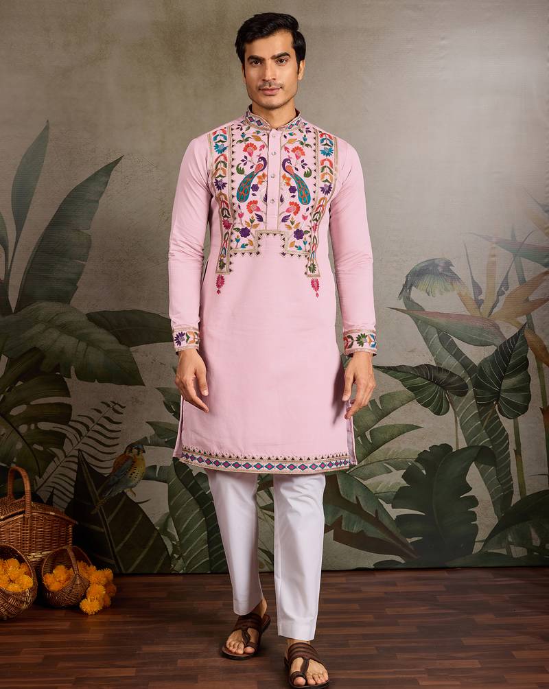 Pink viscose silk thread with sequence embroidered work kurta only