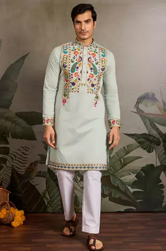 Pista green viscose silk thread with sequence embroidered work kurta only