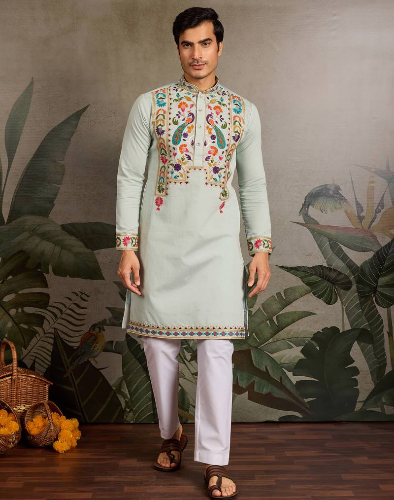 Pista green viscose silk thread with sequence embroidered work kurta only