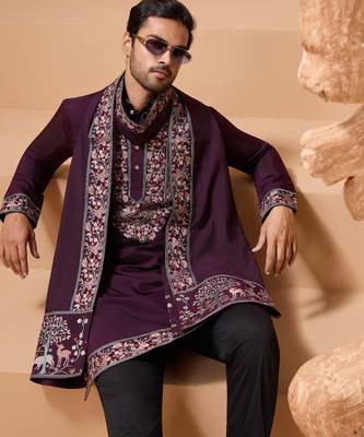 Purple viscose silk thread with sequence embroidered work kurta with dupatta 5