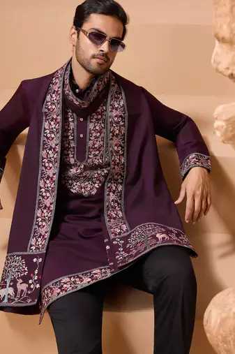 Purple viscose silk thread with sequence embroidered work kurta with dupatta