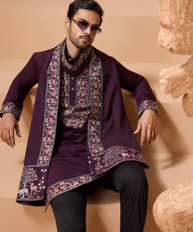 Purple viscose silk thread with sequence embroidered work kurta with dupatta