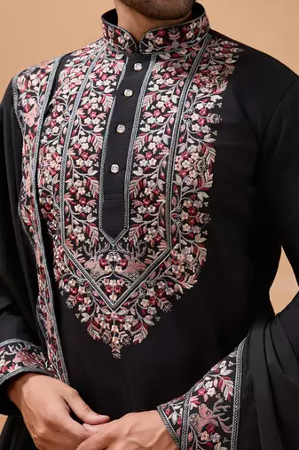 Black viscose silk thread with sequence embroidered work kurta with dupatta
