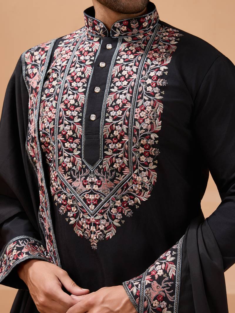Black viscose silk thread with sequence embroidered work kurta with dupatta