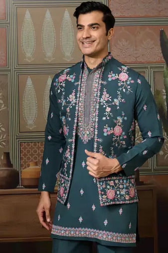 Green viscose silk multi thread with sequence embroidered work kurta jacket & bottom