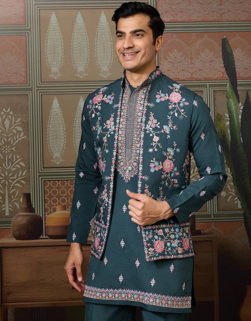 Green viscose silk multi thread with sequence embroidered work kurta jacket & bottom