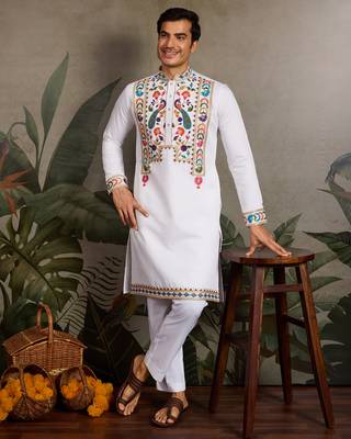 White viscose silk thread with sequence embroidered work kurta only 1
