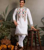 White viscose silk thread with sequence embroidered work kurta only