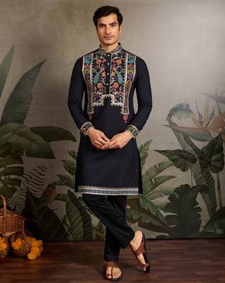 Black viscose silk thread with sequence embroidered work kurta only 1