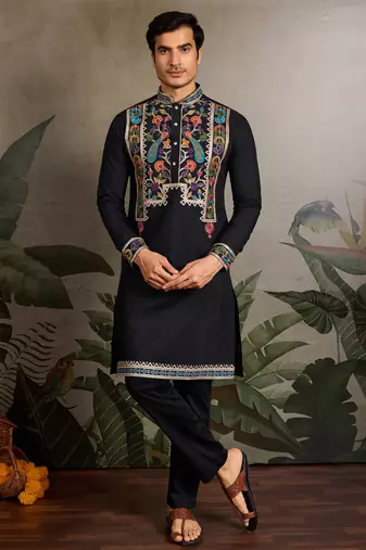 Black viscose silk thread with sequence embroidered work kurta only