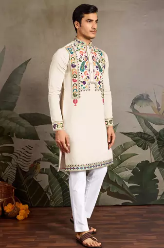 Beige viscose silk thread with sequence embroidered work kurta only
