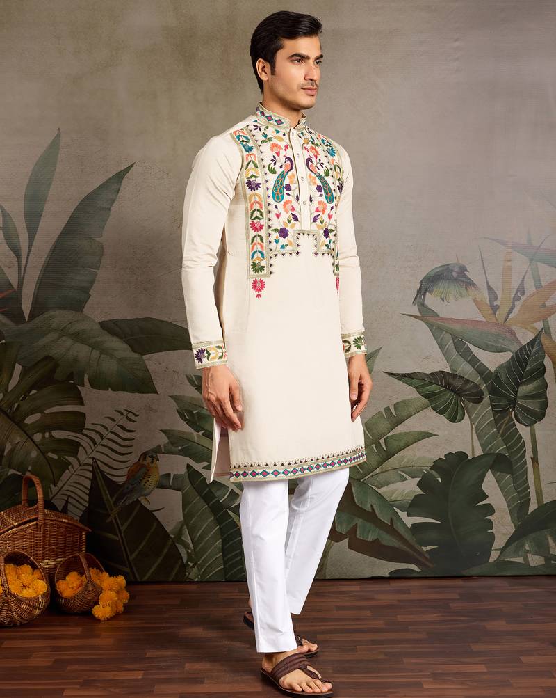 Beige viscose silk thread with sequence embroidered work kurta only
