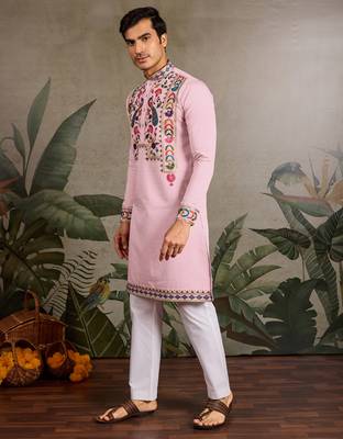Pink viscose silk thread with sequence embroidered work kurta only 3