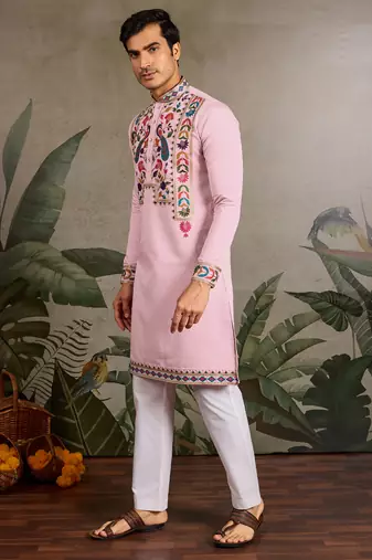Pink viscose silk thread with sequence embroidered work kurta only