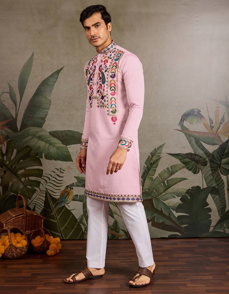 Pink viscose silk thread with sequence embroidered work kurta only