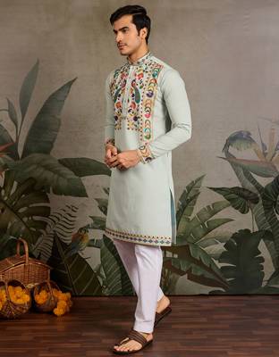 Pista green viscose silk thread with sequence embroidered work kurta only 3