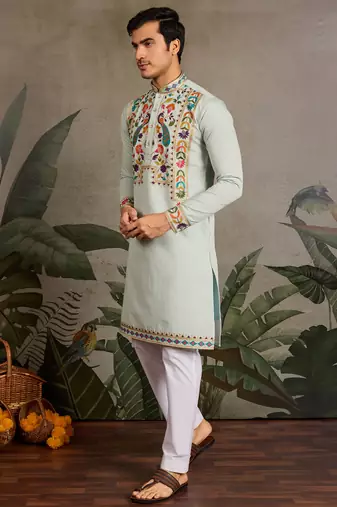 Pista green viscose silk thread with sequence embroidered work kurta only