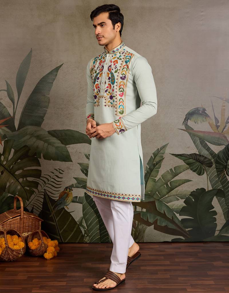 Pista green viscose silk thread with sequence embroidered work kurta only