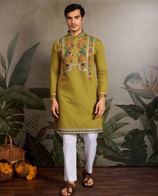 Fluorescent green viscose silk thread with sequence embroidered work kurta only 1