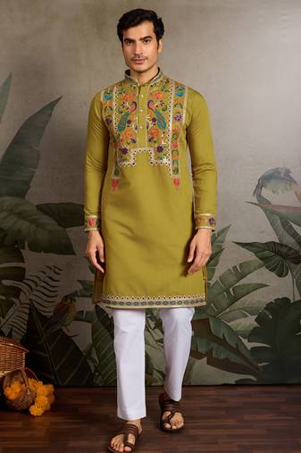 Fluorescent green viscose silk thread with sequence embroidered work kurta only