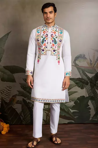 White viscose silk thread with sequence embroidered work kurta only