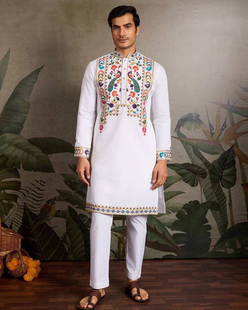 White viscose silk thread with sequence embroidered work kurta only