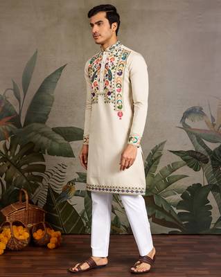 Beige viscose silk thread with sequence embroidered work kurta only 3