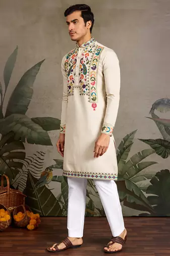 Beige viscose silk thread with sequence embroidered work kurta only