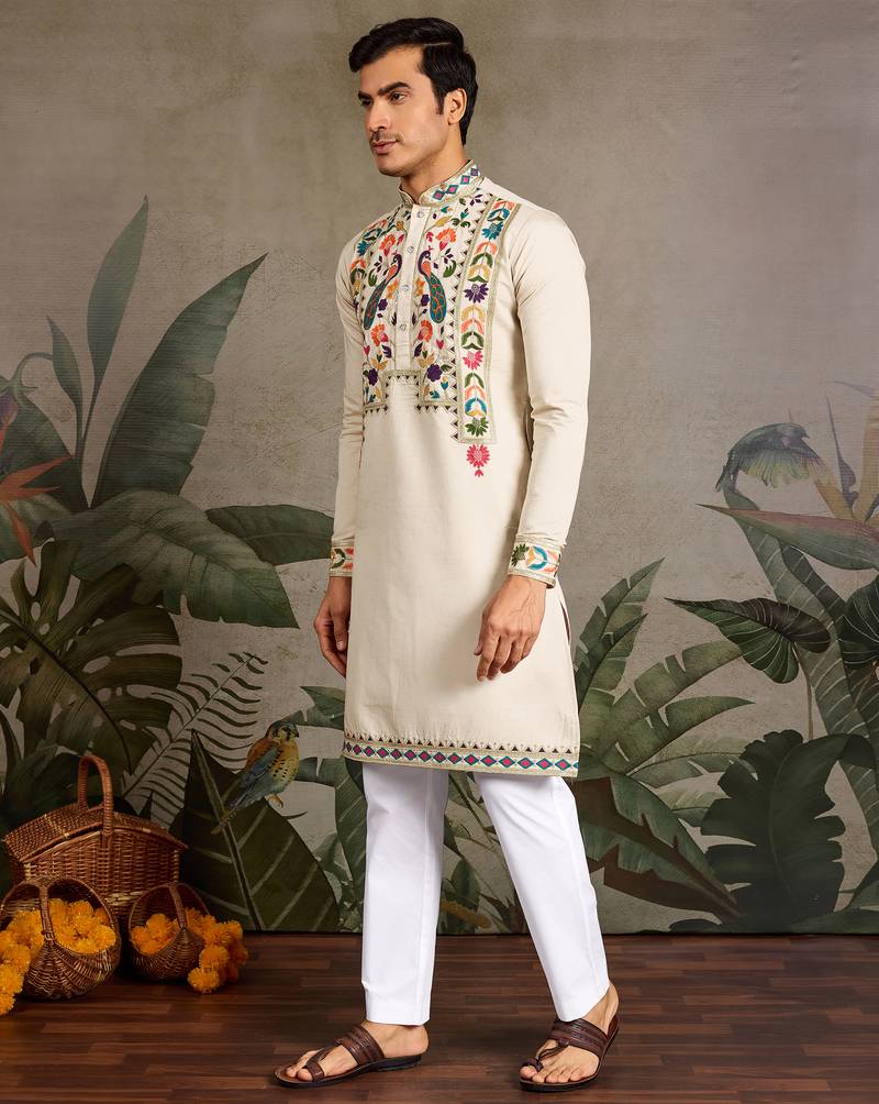 Beige viscose silk thread with sequence embroidered work kurta only
