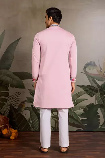 Pink viscose silk thread with sequence embroidered work kurta only