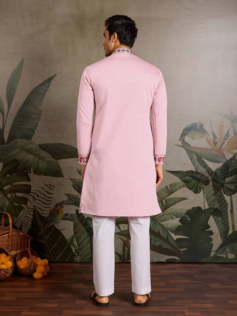 Pink viscose silk thread with sequence embroidered work kurta only